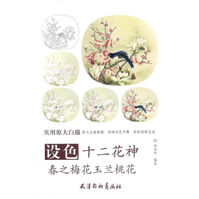 设色十二花神春之梅花玉兰桃花（实用原大白描）