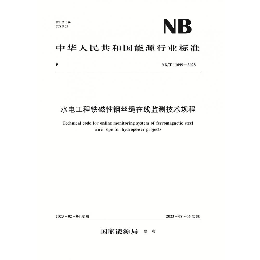 水电工程铁磁性钢丝绳在线监测技术规程（NB/T 11099—2023）Technical code for online monitoring system of ferromagnetic steel wire rope for hydropower p